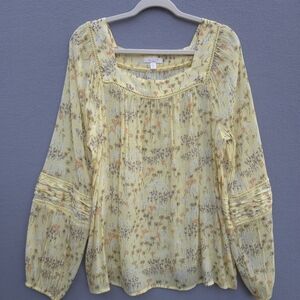 Lauren Conrad Floral Yellow Blouse Plus Size XXL Long Sleeves Pleats